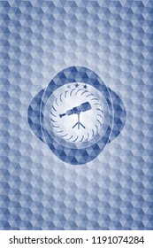 telescope icon inside blue polygonal emblem.