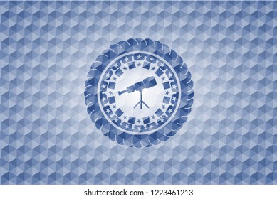 telescope icon inside blue polygonal emblem.