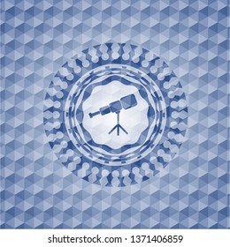 telescope icon inside blue polygonal emblem.