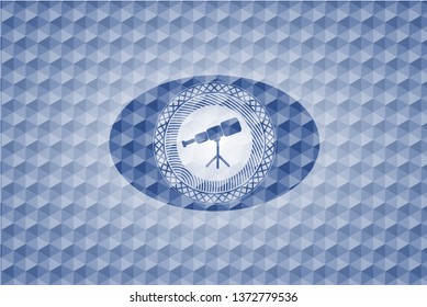 telescope icon inside blue polygonal emblem.