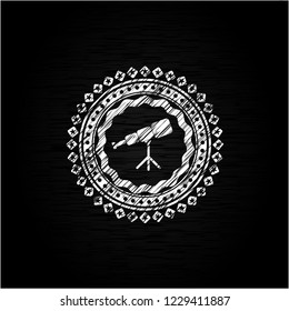 telescope icon inside chalkboard emblem on black board