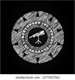 telescope icon inside chalkboard emblem on black board