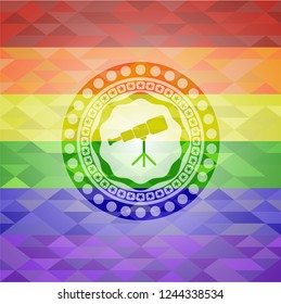 telescope icon inside emblem on mosaic background with the colors of the LGBT flag