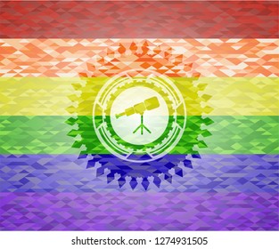 telescope icon inside emblem on mosaic background with the colors of the LGBT flag