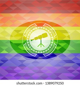 telescope icon inside emblem on mosaic background with the colors of the LGBT flag