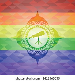 telescope icon inside emblem on mosaic background with the colors of the LGBT flag