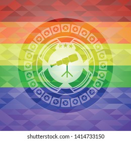 telescope icon inside emblem on mosaic background with the colors of the LGBT flag