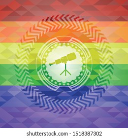 telescope icon inside emblem on mosaic background with the colors of the LGBT flag