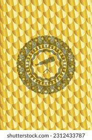 telescope icon inside gold badge. Scales pattern. Vector Illustration. Detailed. 