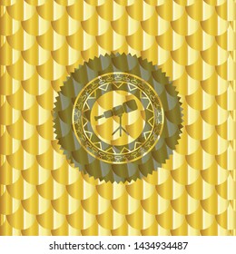 telescope icon inside gold emblem. Scales pattern. Vector Illustration. Detailed.