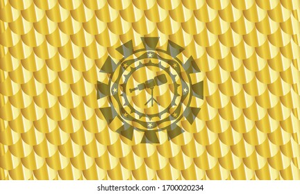 telescope icon inside gold emblem or badge. Scales pattern. Vector Illustration. Detailed.