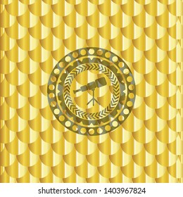 telescope icon inside gold shiny emblem. Scales pattern. Vector Illustration. Detailed.