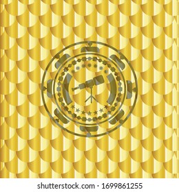 telescope icon inside gold shiny emblem. Scales pattern. Vector Illustration. Detailed.