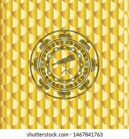 telescope icon inside golden emblem or badge. Scales pattern. Vector Illustration. Detailed.