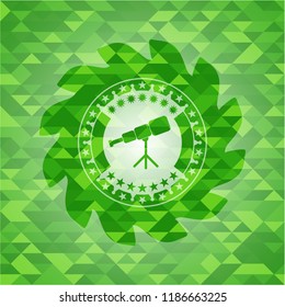 telescope icon inside green emblem with mosaic ecological style background
