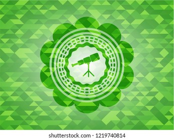 telescope icon inside green emblem with mosaic background