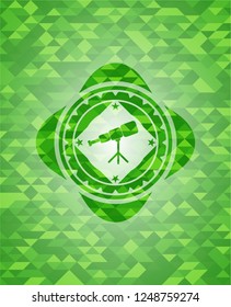 telescope icon inside green emblem with mosaic ecological style background