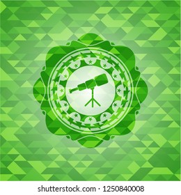 telescope icon inside green emblem with mosaic background