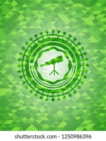 telescope icon inside green emblem. Mosaic background