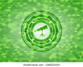 telescope icon inside green emblem. Mosaic background