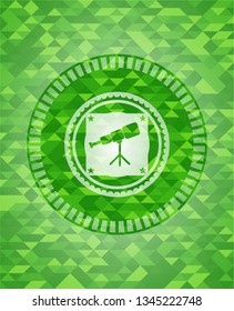 telescope icon inside green emblem with mosaic ecological style background