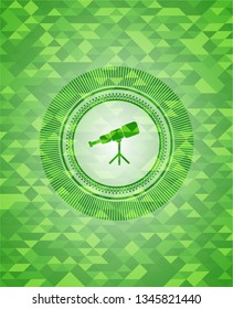 telescope icon inside green emblem with mosaic ecological style background