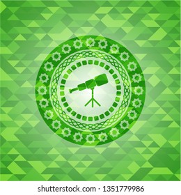 telescope icon inside green emblem with mosaic ecological style background