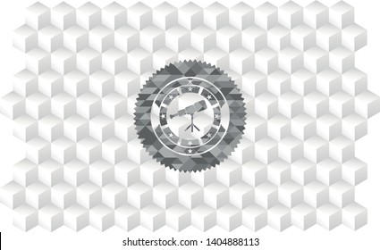 telescope icon inside grey badge with geometric cube white background
