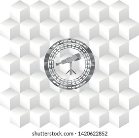 telescope icon inside grey badge with geometric cube white background
