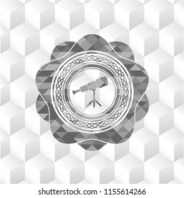 telescope icon inside grey emblem with cube white background