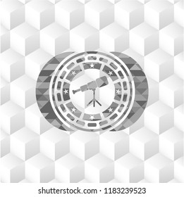 telescope icon inside grey icon or emblem with geometric cube white background