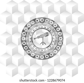 telescope icon inside grey emblem with geometric cube white background