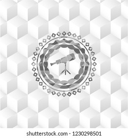 telescope icon inside grey emblem. Vintage with geometric cube white background