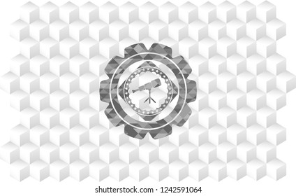 telescope icon inside grey emblem with cube white background