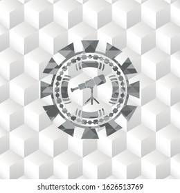 telescope icon inside grey emblem with cube white background