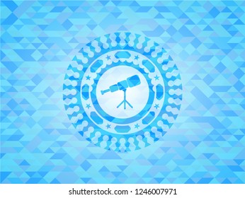 telescope icon inside light blue emblem with mosaic background