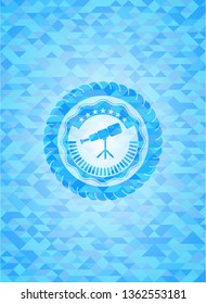 telescope icon inside light blue emblem with mosaic ecological style background