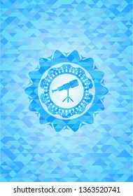 telescope icon inside light blue emblem with mosaic ecological style background