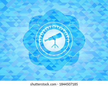 telescope icon inside light blue emblem. Mosaic background. 