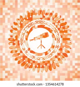 telescope icon inside orange tile background illustration. Square geometric mosaic seamless pattern with emblem inside.