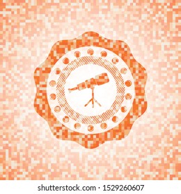 telescope icon inside orange tile background illustration. Square geometric mosaic seamless pattern with emblem inside.