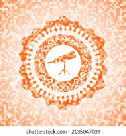 Teleskop-Symbol auf orangefarbenem Hintergrund. Quadratisches geometrisches Mosaik nahtloses Muster mit Emblem im Inneren. 