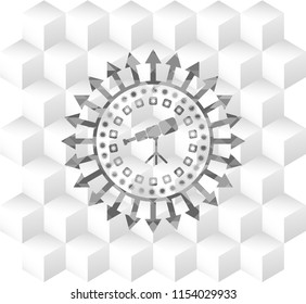 telescope icon inside realistic grey emblem with cube white background