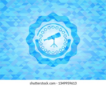 telescope icon inside realistic light blue emblem. Mosaic background