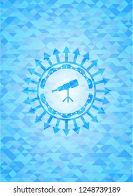 telescope icon inside realistic sky blue emblem. Mosaic background