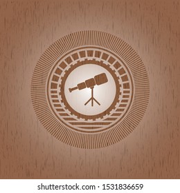 telescope icon inside realistic wood emblem