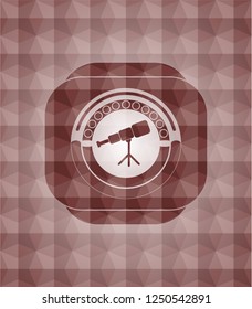 telescope icon inside red emblem or badge with abstract geometric pattern background. Seamless.