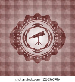 telescope icon inside red emblem or badge with abstract geometric pattern background. Seamless.