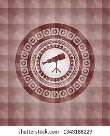 telescope icon inside red emblem or badge with geometric pattern background. Seamless.