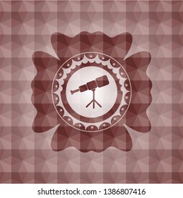 telescope icon inside red emblem with geometric pattern background. Seamless.